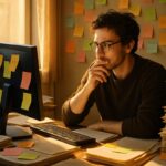 A high-definition image of a thoughtful writer sitting at a cluttered desk, surrounded by stacks of papers, colorful sticky notes, and glowing computer screens. Sunlight streams in through a nearby window, casting a warm glow across the room. The writer's expression reflects focus and creativity as they organize their thoughts, suggesting a fusion of analytical and interpretive work. The scene is both intimate and dynamic, capturing the pivotal moment of transforming gathered research into an insightful narrative.