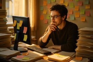 A high-definition image of a thoughtful writer sitting at a cluttered desk, surrounded by stacks of papers, colorful sticky notes, and glowing computer screens. Sunlight streams in through a nearby window, casting a warm glow across the room. The writer's expression reflects focus and creativity as they organize their thoughts, suggesting a fusion of analytical and interpretive work. The scene is both intimate and dynamic, capturing the pivotal moment of transforming gathered research into an insightful narrative.