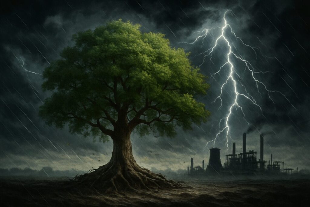 A high-definition digital artwork capturing a resilient tree standing strong amidst a swirling storm. The sky is dark and tumultuous, with bolts of lightning striking in the distance, symbolizing disruption and chaos. The tree, full and vibrant, clings to its roots with determination, illustrating the robustness of internal strength and adaptability. In the background, shadows of a steel factory silhouette can be seen against the stormy horizon, highlighting the setting of a challenging industrial environment. This image evokes a sense of perseverance, adaptability, and the struggle to maintain core values during turbulent times.