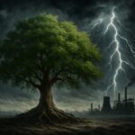 A high-definition digital artwork capturing a resilient tree standing strong amidst a swirling storm. The sky is dark and tumultuous, with bolts of lightning striking in the distance, symbolizing disruption and chaos. The tree, full and vibrant, clings to its roots with determination, illustrating the robustness of internal strength and adaptability. In the background, shadows of a steel factory silhouette can be seen against the stormy horizon, highlighting the setting of a challenging industrial environment. This image evokes a sense of perseverance, adaptability, and the struggle to maintain core values during turbulent times.