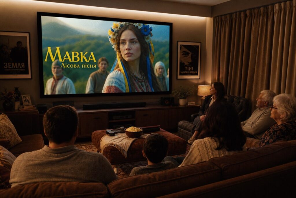 A realistic photograph of a cozy home theater setup, with a large screen displaying a vibrant still from a Ukrainian film. The room is softly lit, with comfortable seating and rich textures on the furniture and curtains. A family, diverse in age, is gathered attentively, captivated by the film. The scene has a warm, welcoming atmosphere, showcasing cultural appreciation and connection through film. Make the image in high definition.