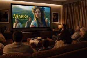 A realistic photograph of a cozy home theater setup, with a large screen displaying a vibrant still from a Ukrainian film. The room is softly lit, with comfortable seating and rich textures on the furniture and curtains. A family, diverse in age, is gathered attentively, captivated by the film. The scene has a warm, welcoming atmosphere, showcasing cultural appreciation and connection through film. Make the image in high definition.