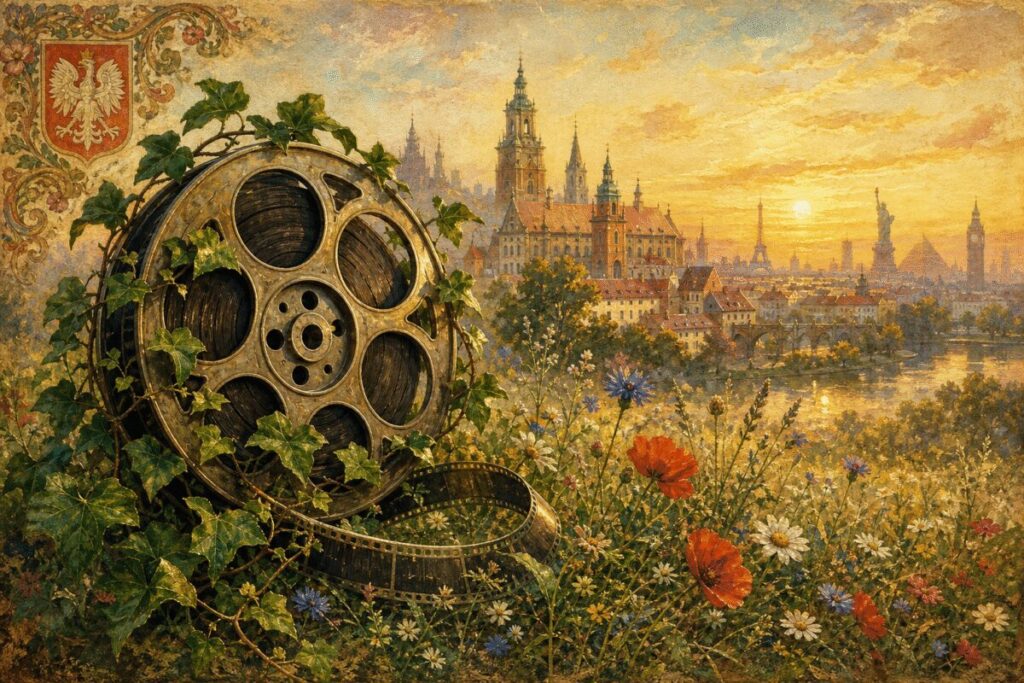 A painting in a traditional European style depicting an antique film reel entwined with delicate ivy vines. The film reel rests on a lush green field dotted with wildflowers, symbolizing Poland's cultural heritage. Behind the reel, a gentle watercolor wash hints at a Polish cityscape with historical architecture, blending subtly into a skyline that suggests distant lands. The texture of the brushstrokes evokes a sense of history and storytelling, reminiscent of ornate details found in classical Polish artworks. The scene is bathed in the golden light of a setting sun, evoking warmth and connection across cultures. Render the painting in high definition.