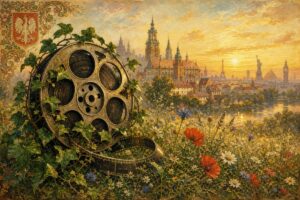 A painting in a traditional European style depicting an antique film reel entwined with delicate ivy vines. The film reel rests on a lush green field dotted with wildflowers, symbolizing Poland's cultural heritage. Behind the reel, a gentle watercolor wash hints at a Polish cityscape with historical architecture, blending subtly into a skyline that suggests distant lands. The texture of the brushstrokes evokes a sense of history and storytelling, reminiscent of ornate details found in classical Polish artworks. The scene is bathed in the golden light of a setting sun, evoking warmth and connection across cultures. Render the painting in high definition.