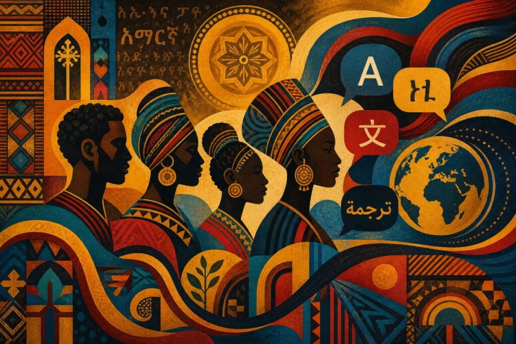 Abstract graphic art — A vivid and striking composition inspired by Ethiopian cultural motifs. Swirling patterns reminiscent of traditional Ethiopian fabrics merge with bold, geometric shapes symbolizing communication and connection. Rich, earthy tones of ochre, deep reds, and vibrant blues create a dynamic and engaging visual landscape. Subtle gradients give the image depth, evoking a sense of movement and progress, capturing the essence of linguistic and cultural translation. High definition ensures every color and texture stands out crisply, appealing to a modern, diverse audience.