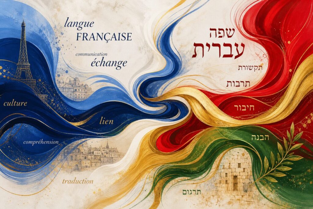 **Abstract graphic art**: A vibrant and high-definition abstract composition inspired by the fusion of cultures and languages. This image features interlocking waves of deep blue and bright red that seamlessly blend into accents of gold and green, symbolizing the flow of French and Hebrew languages. The transitions between the colors are smooth and fluid, resembling the seamless nature of translation. The background is a soft, muted white, providing a sense of openness and connection, with subtle hints of texture adding depth to the abstract scene. The overall effect is dynamic and harmonious, resonating with the theme of cross-cultural communication.