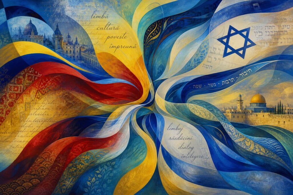 An abstract graphic art piece in high definition, inspired by Romanian and Israeli cultural connections. A swirling blend of vibrant colors, featuring deep blues and rich reds intertwining with soft yellows and greens. These colors flow together to create a sense of motion and dialogue, reminiscent of the fluidity of translation. The shapes are intertwining waves and curves, suggesting the interweaving of languages and cultures, with subtle gradients that convey depth and complexity. The texture is smooth yet dynamic, giving an impression of an ever-evolving tapestry.