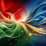 A high-definition abstract graphic art image depicting the vibrant energy of Hungarian language and culture. The image features a dynamic composition of interwoven, colorful shapes and gradients, inspired by the hues of Hungary's flag: red, white, and green. These colors blend seamlessly with deep blue and soft gold, representing translation and cultural exchange. The shapes, reminiscent of sound waves and film reels, convey the idea of communication and media, creating a sense of movement and connectivity without depicting specific objects or scenes. The overall effect is lively, engaging, and visually harmonious.