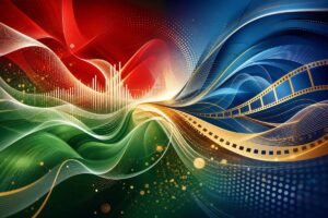 A high-definition abstract graphic art image depicting the vibrant energy of Hungarian language and culture. The image features a dynamic composition of interwoven, colorful shapes and gradients, inspired by the hues of Hungary's flag: red, white, and green. These colors blend seamlessly with deep blue and soft gold, representing translation and cultural exchange. The shapes, reminiscent of sound waves and film reels, convey the idea of communication and media, creating a sense of movement and connectivity without depicting specific objects or scenes. The overall effect is lively, engaging, and visually harmonious.