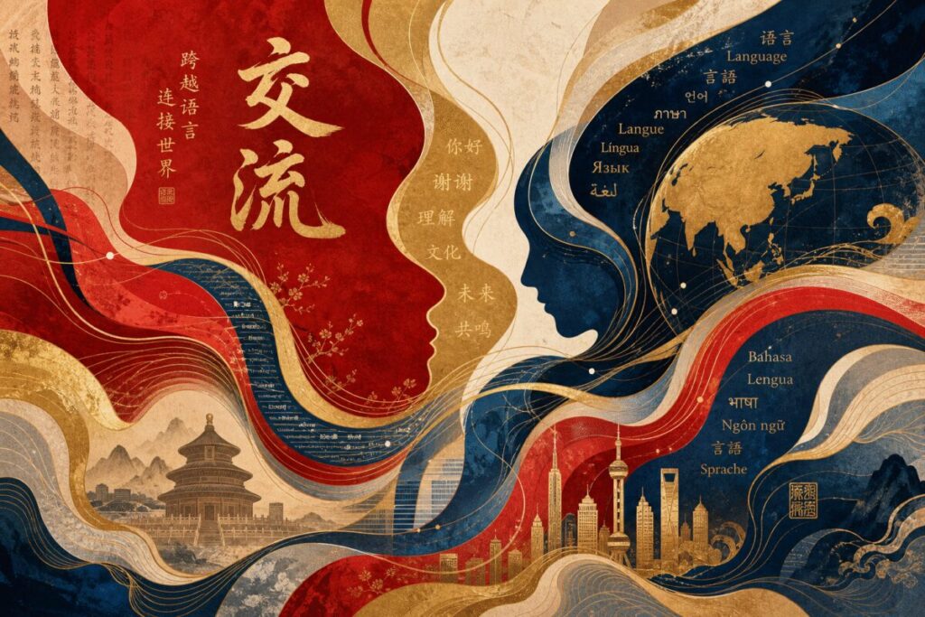 Create an abstract graphic art piece featuring interweaving, fluid lines and shapes in shades of red, gold, and deep blue, symbolizing the cultural exchange between the diverse Mandarin-speaking populace and global audiences. The composition should echo the complexity and flow of language translation. Incorporate gentle gradients to suggest depth and movement, with subtle textures to evoke the tactile feel of traditional paper. This high-definition image should captivate with its vibrant, dynamic interplay of colors and forms, inviting viewers to explore the nuances of cross-cultural communication.