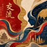 Create an abstract graphic art piece featuring interweaving, fluid lines and shapes in shades of red, gold, and deep blue, symbolizing the cultural exchange between the diverse Mandarin-speaking populace and global audiences. The composition should echo the complexity and flow of language translation. Incorporate gentle gradients to suggest depth and movement, with subtle textures to evoke the tactile feel of traditional paper. This high-definition image should captivate with its vibrant, dynamic interplay of colors and forms, inviting viewers to explore the nuances of cross-cultural communication.