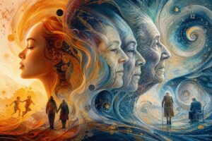 Abstract graphic art — a vibrant interplay of swirling gradients and textures, representing the concept of aging in society. The image features a dynamic mix of warm and cool colors with a focus on transition and transformation. Organic, flowing shapes blend into each other, creating a sense of movement and time passing. The high-definition artwork evokes a feeling of both complexity and elegance, capturing the shifting perceptions of youth and age in the fabric of modern culture.